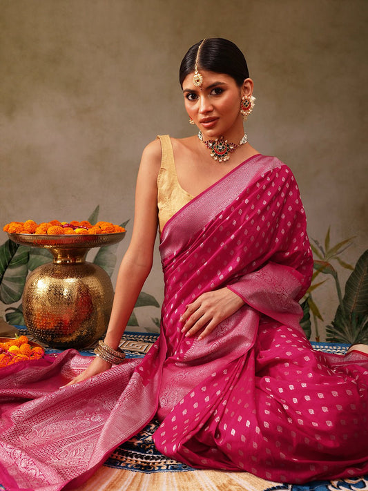 Magenta Banarasi Georgette Silk Saree - Label Shona Rohatgi Garg