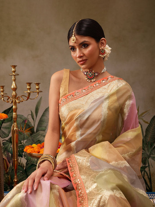 Multicolor Banarasi Tissue Silk Saree with Golden Zari - Label Shona Rohatgi Garg