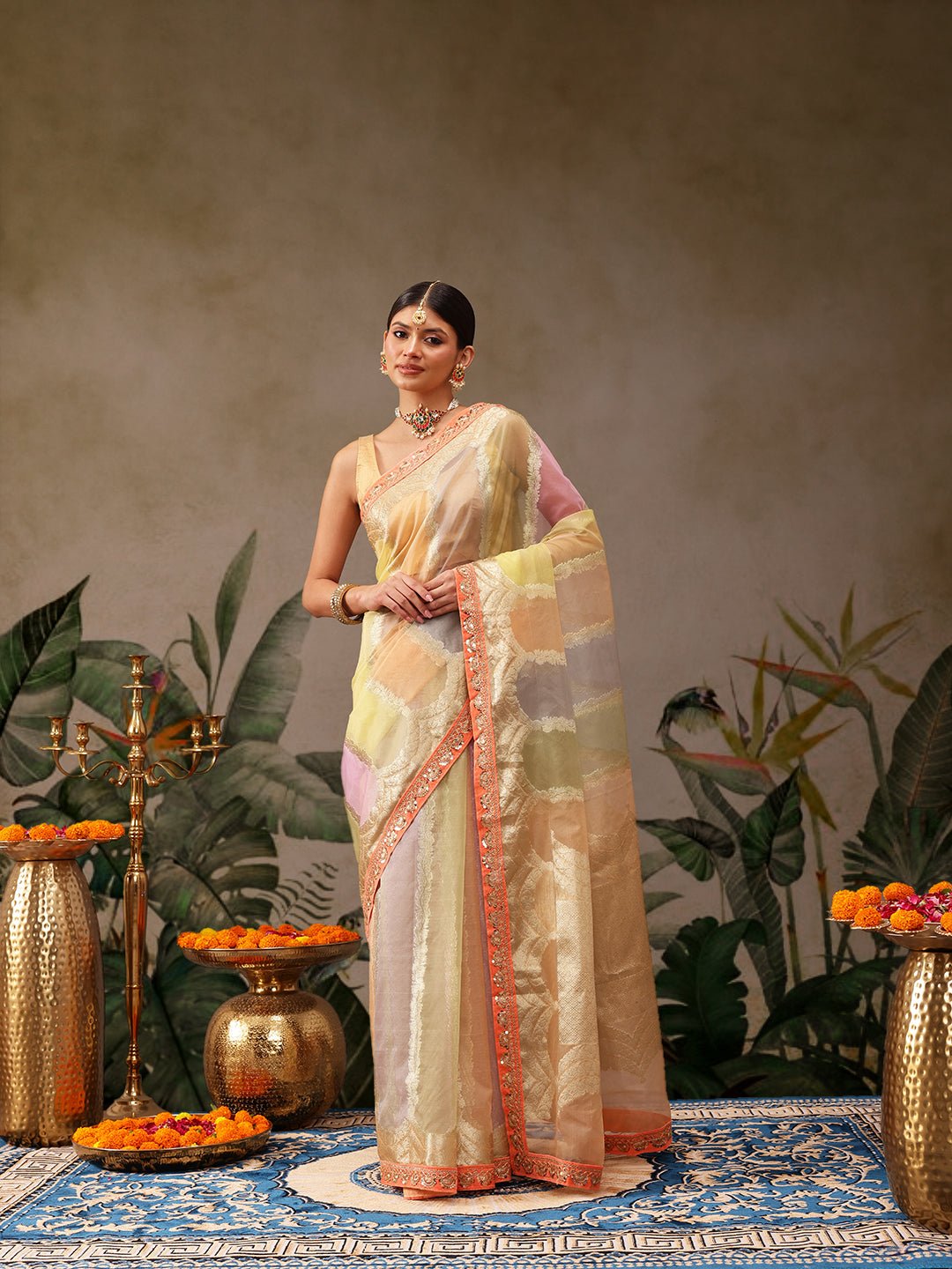 Multicolor Banarasi Tissue Silk Saree with Golden Zari - Label Shona Rohatgi Garg