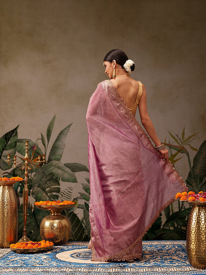 Onion Pink Wrinkled Tissue Organza Saree - Label Shona Rohatgi Garg