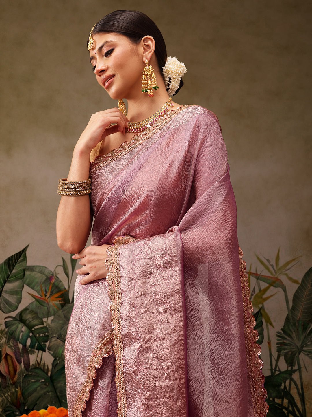 Onion Pink Wrinkled Tissue Organza Saree - Label Shona Rohatgi Garg