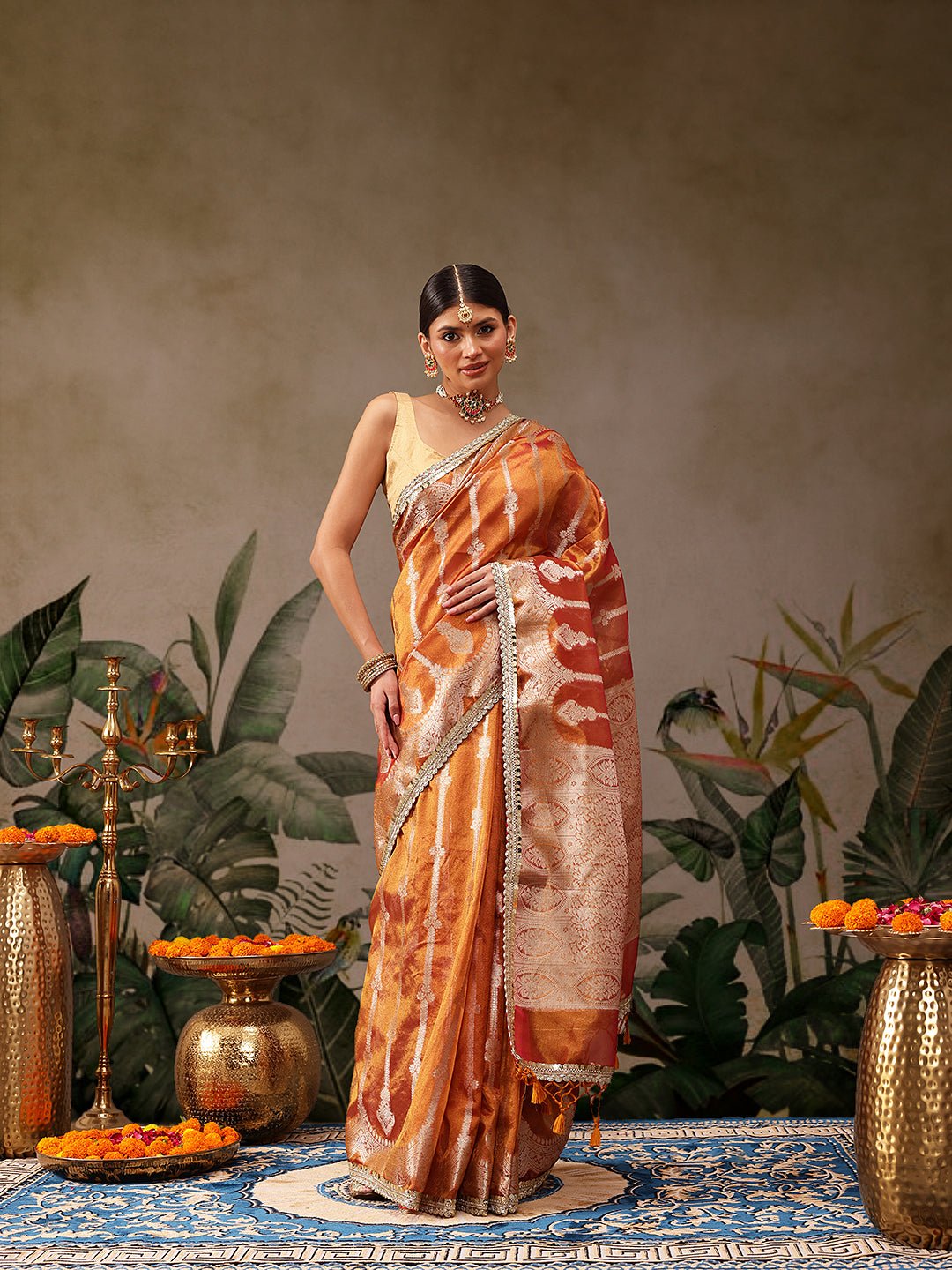 Orange Banarasi Tissue Silk Saree with Golden Zari - Label Shona Rohatgi Garg