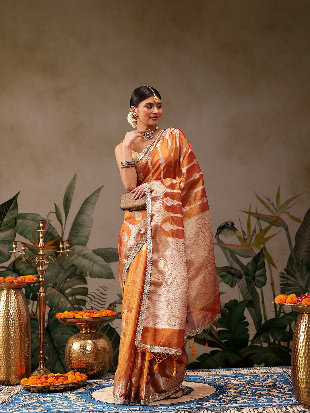 Orange Banarasi Tissue Silk Saree with Golden Zari - Label Shona Rohatgi Garg