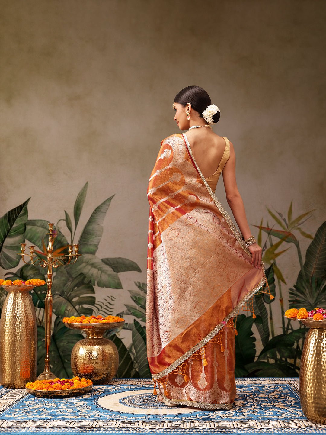 Orange Banarasi Tissue Silk Saree with Golden Zari - Label Shona Rohatgi Garg