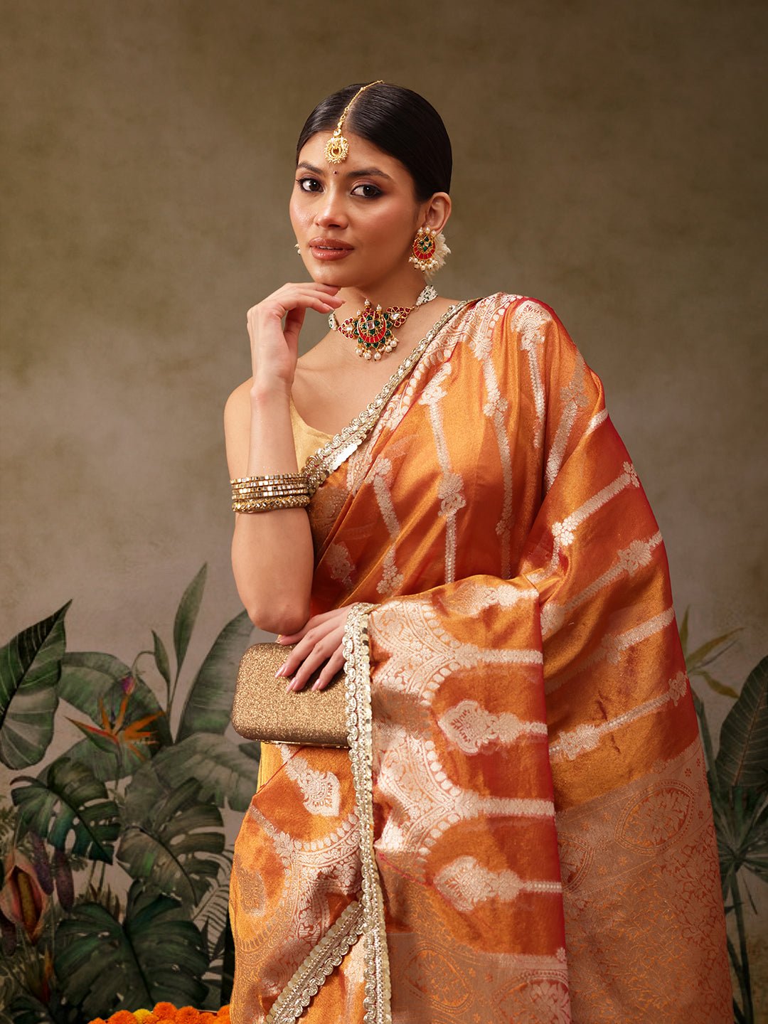 Orange Banarasi Tissue Silk Saree with Golden Zari - Label Shona Rohatgi Garg