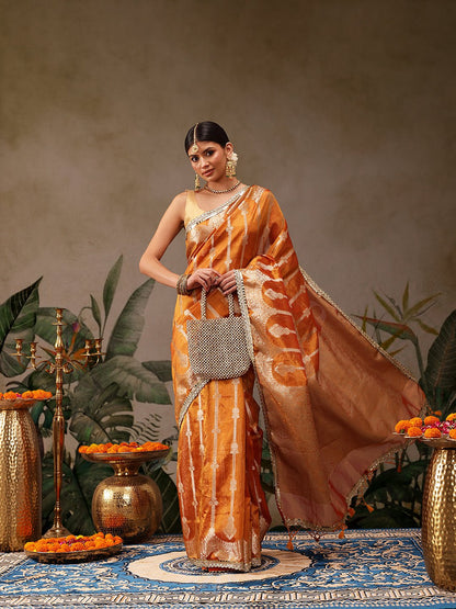 Orange Banarasi Tissue Silk Saree with Silver Zari - Label Shona Rohatgi Garg