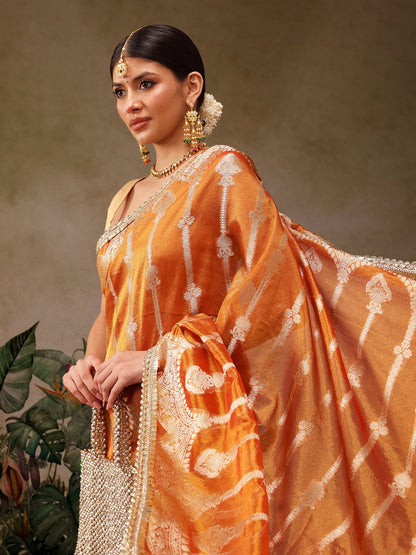 Orange Banarasi Tissue Silk Saree with Silver Zari - Label Shona Rohatgi Garg