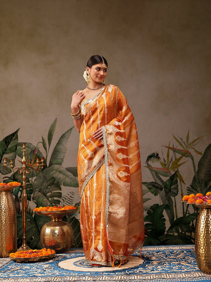 Orange Banarasi Tissue Silk Saree with Silver Zari - Label Shona Rohatgi Garg