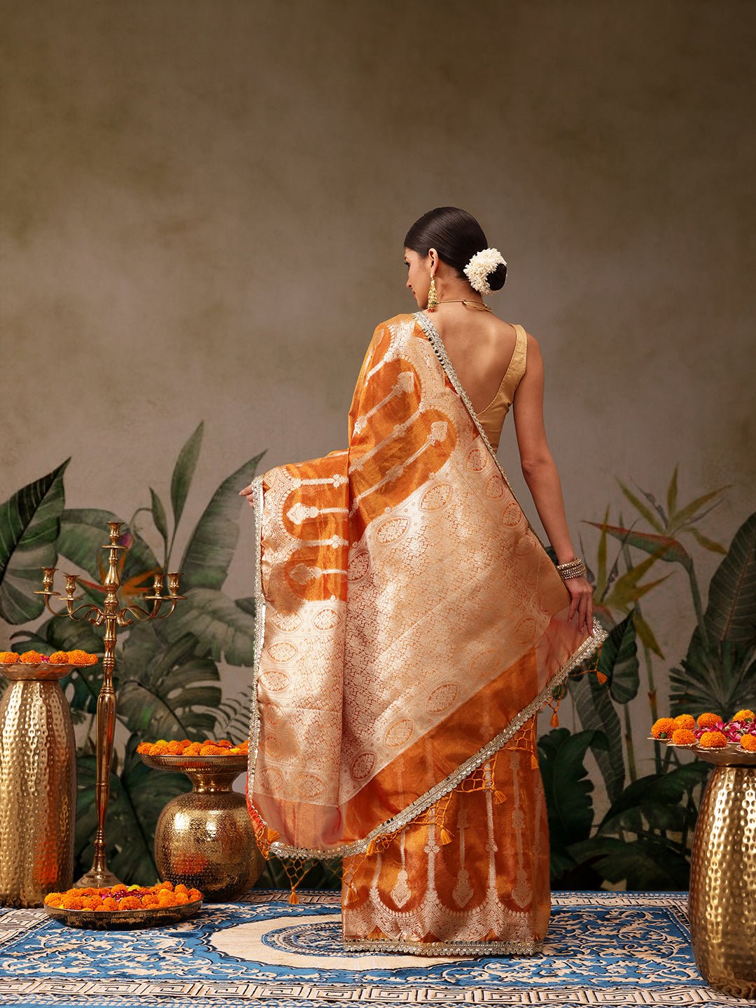 Orange Banarasi Tissue Silk Saree with Silver Zari - Label Shona Rohatgi Garg