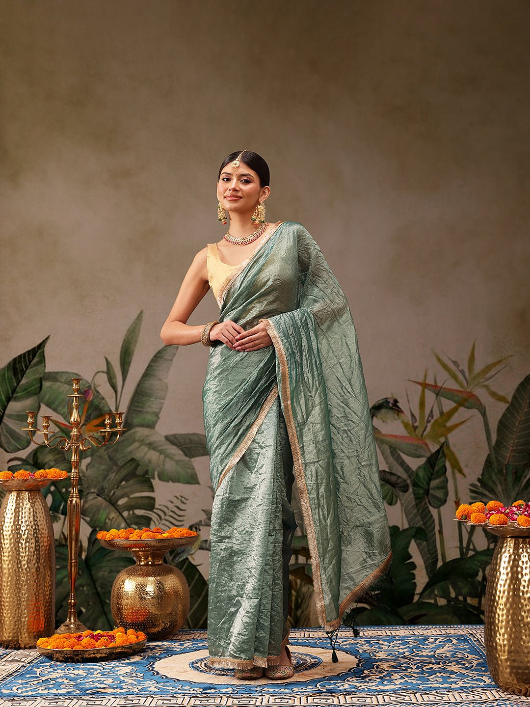 Teal Tissue Organza Saree - Label Shona Rohatgi Garg