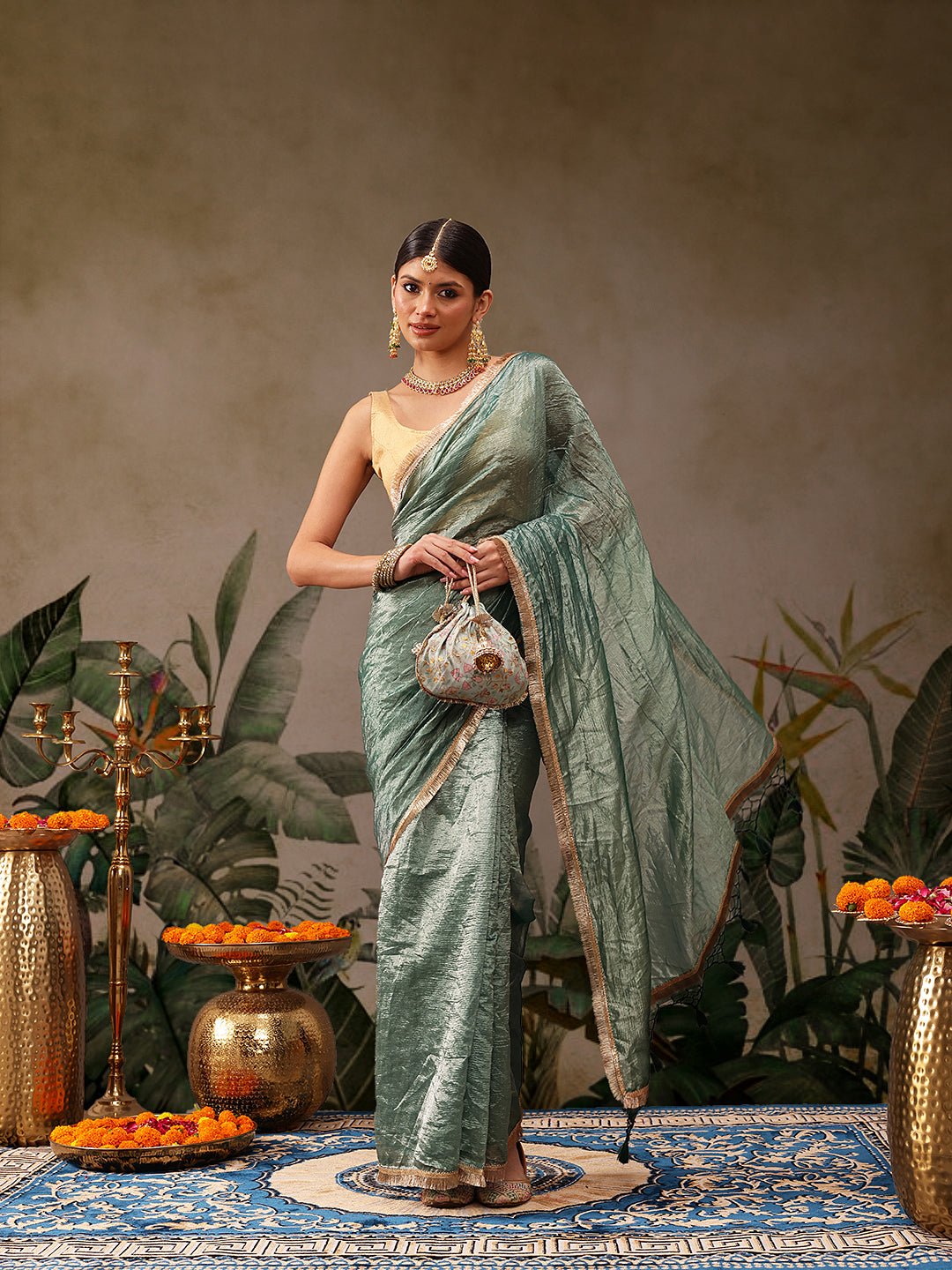 Teal Tissue Organza Saree - Label Shona Rohatgi Garg