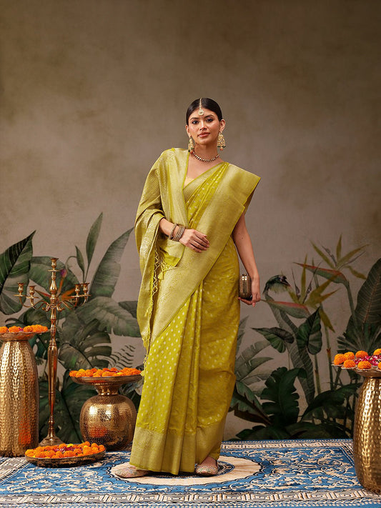 Yellow Banarasi Georgette Silk Saree - Label Shona Rohatgi Garg