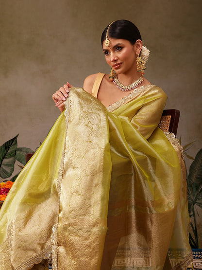 Yellow Banarasi Tissue Silk Saree with Golden Zari - Label Shona Rohatgi Garg